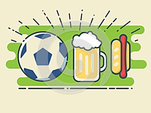 Football / Soccer Ball, Glass of Beer and Hot Dog On Stylized Green Field.