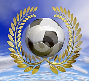 Football soccer ball in golden laurel wreath