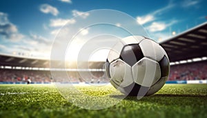 Football soccer ball on grass field stadium