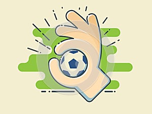 Football / Soccer Ball In Hand On Stylized Green Field.