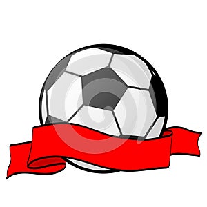 football soccer ball with red award ribbon tape flat design, stock vector illustration