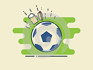 Football / Soccer Ball On Stylized Green Field With Glass of Beer and Hot Dog.