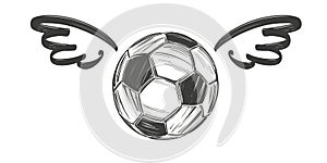 Football, soccer ball with wings, icon sketch, cartoon hand drawn vector illustration