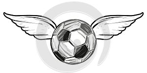 Football, soccer ball with wings, icon sketch, cartoon hand drawn vector illustration