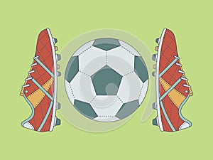 Football / Soccer Boots And Ball With Contour On Green Background.