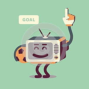 Football / Soccer Character In Retro Style. TV With The Ball In Hand. Goal Celebrating Fan.