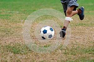 Football soccer children training class. Kindergarten and elementary school kids playing football in a field. Group of boys