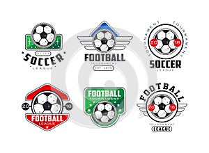 Football soccer club retro labels set. Sports tournament, championship badges vector illustration