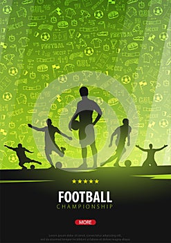 Football or Soccer design poster with hand draw doodle elements on background and football player silhouette. Soccer championship