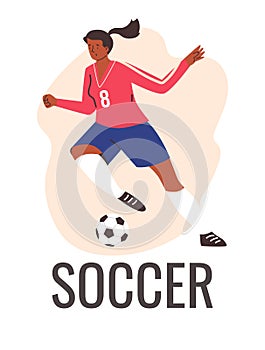 Football soccer female player in action, cartoon black woman athlete running to kick the ball, vector sport poster