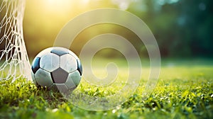 Football soccer field with ball and white net