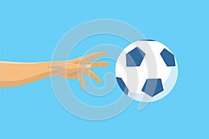 Football / Soccer Flying Ball on Blue Background. Hand Reaching for Ball.