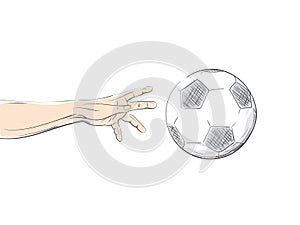 Football / Soccer flying ball in the line art style. Hand reaching for ball