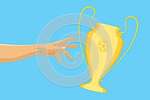 Football / Soccer Flying Cup on Blue Background. Hand Reaching for Bowl.