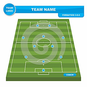 Football Soccer formation strategy template with perspective field 3-5-2.