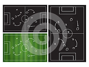 Football or soccer game strategy plan on blackboard texture
