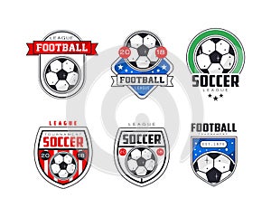 Football soccer league labels set. Sports tournament, championship badges vector illustration