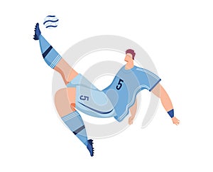 Football soccer male player kick ball, isolated on white vector illustration. Sport people action in game, young man