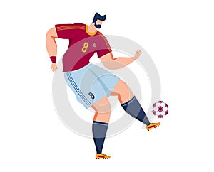 Football soccer male player kick ball, isolated on white vector illustration. Sport people action in game, young man