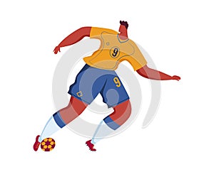 Football soccer male player kick ball, isolated on white vector illustration. Sport people action in game, young man