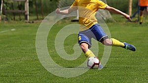 Football soccer match. Female playing soccer game on sport field.