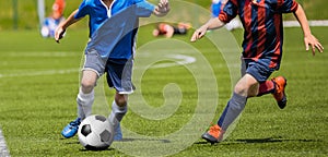 Football Soccer Match for Children. Kids Playing Soccer Game Tournament