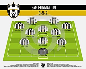 Football or soccer match formation infographic. Soccer jersey and football player position on football pitch. Flat football logo