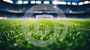 Football, soccer match. Grass close up. Night event lights on the stadium.