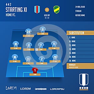 Football or soccer match lineups formation infographic template. Set of football player position on soccer field. Soccer Icon.