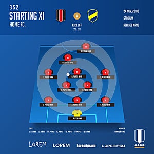Football, soccer match lineups formation infographic template. Set of football player position on soccer field for starting list.