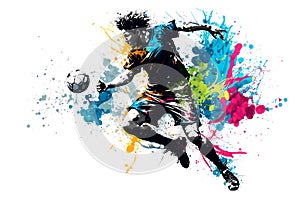 football soccer player in action with rrainbow watercolor splash. isolated white background. Neural network generated