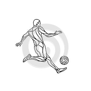 Football or soccer player black and white silhouette with ball