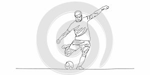 Football, soccer player kicking ball. Isolated vector silhouette. Football defender, striker or goalkeeper