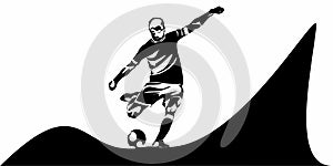 Football, soccer player kicking ball. Isolated vector silhouette. Football defender, striker or goalkeeper