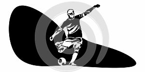 Football, soccer player kicking ball. Isolated vector silhouette. Football defender, striker or goalkeeper