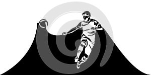 Football, soccer player kicking ball. Isolated vector silhouette. Football defender, striker or goalkeeper