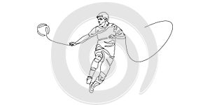 Football, soccer player kicking ball. Isolated vector silhouette. Football defender, striker or goalkeeper