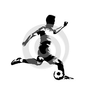 Football, soccer player kicking ball, side view. Isolated vector silhouette