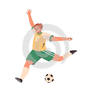 Football soccer player man in action, cartoon vector man athlete running to kick the ball, yellow green sportswear