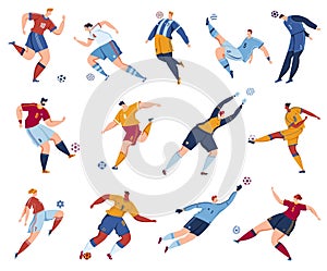 Football soccer player vector illustration set, cartoon flat footballers collection with athlete people jump high, kick