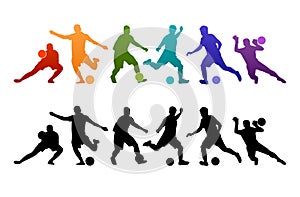 Football soccer player vector illustration silhouette colorful background sport people poster card banner design