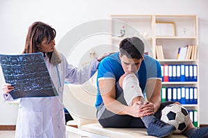 The football soccer player visiting doctor after injury