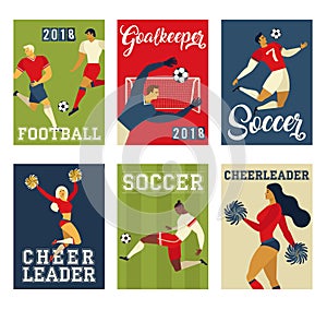 Football soccer players cheerleaders fans on soccer field illustration.