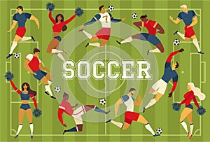 Football soccer players cheerleaders fans on soccer field vector illustration.