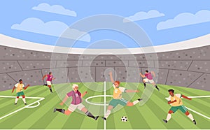 Football soccer players match at stadium vector illustrations, men athletes fighting for ball sports game competition