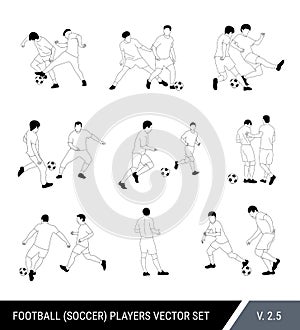 Football, soccer players outline vector set. Different poses of players, football players in motion.