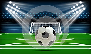 Football or soccer playing field with ball. Sport Game. Football stadium spotlight and scoreboard background with