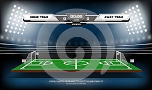 Football or soccer playing field with infographic elements. Sport Game. Football stadium spotlight and scoreboard