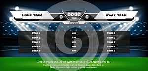 Football or soccer playing field with set of infographic elements. Sport Game. Football stadium spotlight and scoreboard