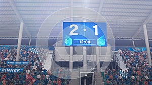Football Soccer Stadium Championship Match, Scoreboard Screen Showing Score of 2:1. Crowd of Fans